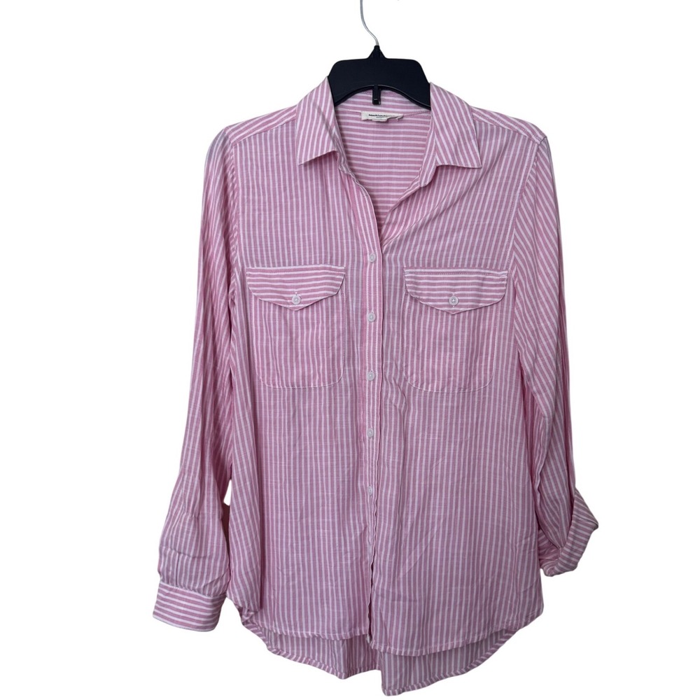 Beach Lunch Lounge Casual Shirt Pink White Striped Small Petite Button 2‎ Pocket